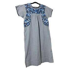 Read- Sister Mary Dress “Mary” Blue White Striped Short Sleeve Embroidered‎ S
